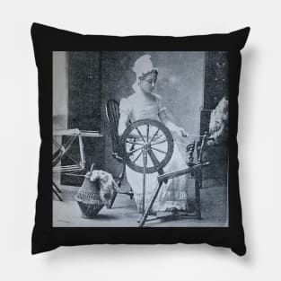 Spinning wheel, 19th century, black and white antique history Pillow