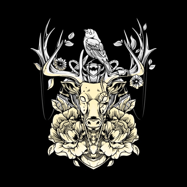 Deer and Bird Tattoo Design by SybaDesign