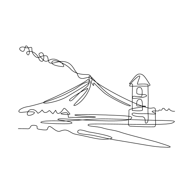 Mayon Volcano or Mount Mayon with Cagsawa Church Bell Tower Ruins Continuous Line Drawing by patrimonio