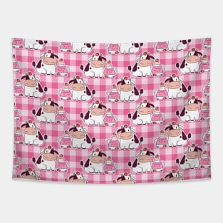 Strawberry Milk Cow Pink Gingham Pattern Tapestry