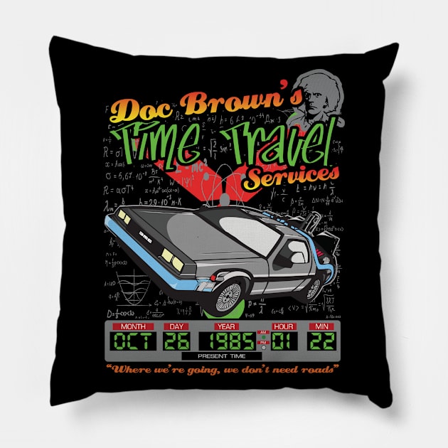 Doc Browns Delorean Time Travel Services Pillow by Meta Cortex