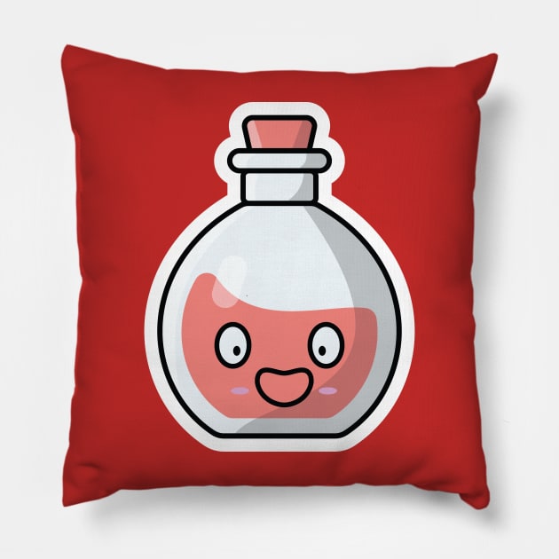 Potion Bottle with Cartoon Character Sticker vector illustration. Science object icon concept. Handsome cartoon with Potion sticker vector design. Cartoon character drink design. Pillow by AlviStudio