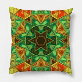 Mosaic Kaleidoscope Flower Green Yellow and Orange Pillow