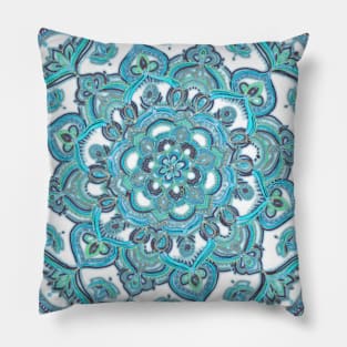 Summer Bloom - floral doodle pattern in turquoise & white Pillow