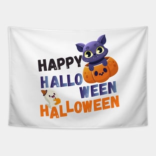 Happy Halloween Meoween - Cute Cat And Ghost Tapestry