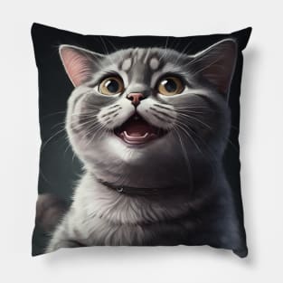 Realistic illustration of grey haired cat looking app with open mouth Pillow