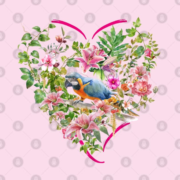 Floral heart with Blue Parrot by Biophilia