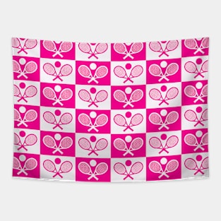 Checkered Tennis Seamless Pattern - Racket and Ball in Pink and White Tones Tapestry