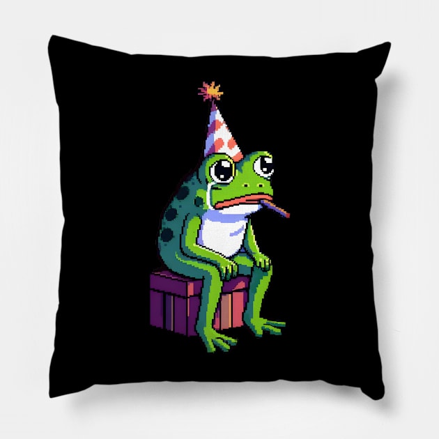 Sad frog meme Happy Birthday 8 bit pixel Pillow by beangeerie