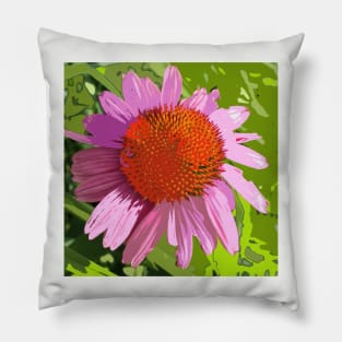 Echinacea, pink flower, green leaves, photography digitally modified Pillow