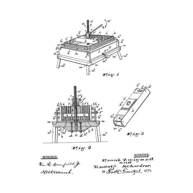 Wine Press Vintage Patent Hand Drawing by TheYoungDesigns