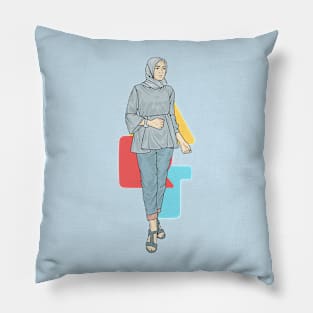 Woman Light Blue Outfit Pillow