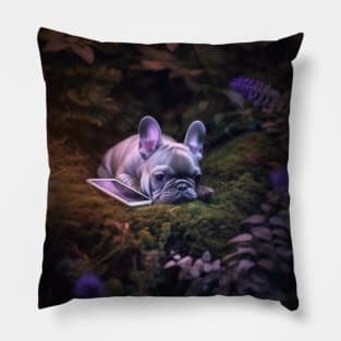 Frenchie lying down next to his phone Pillow