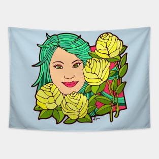 Green Haired Woman with Yellow Roses Tapestry