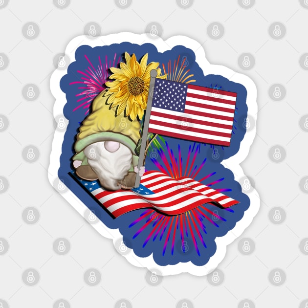 USA Fourth of July Graphic Design American Flag Fireworks & Patriotic Gnome Magnet by tamdevo1