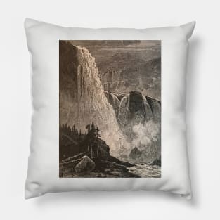 Skjeggedal, Norway waterfall illustration in black and white, 1800s, historical nature Pillow