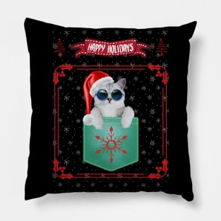 Christmas Kitty In Pocket Happy Holidays Pillow