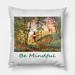 Woman girl with bicycle peaceful relaxing in woods zen yoga buddhism Pillow