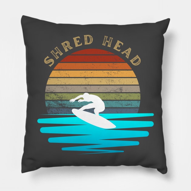 Retro Sunset With Surfer On The Open Waves Pillow by FNRY