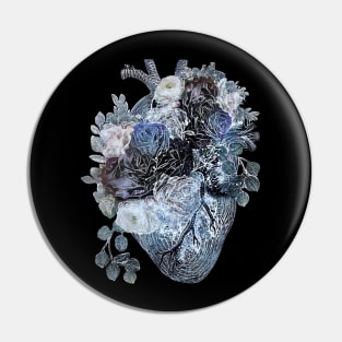 Human heart with blue and white roses, blue navy color Pin