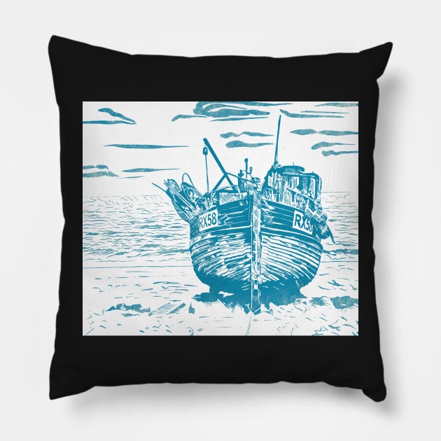 Linoprint Fishing Trawler Hastings Beach Pillow by NattyDesigns