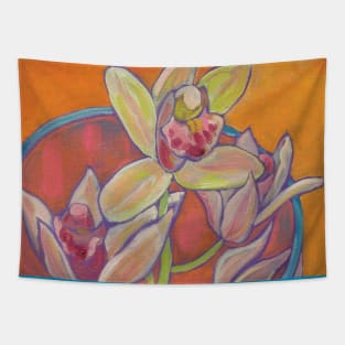 Orchids on orange in glass vase Tapestry