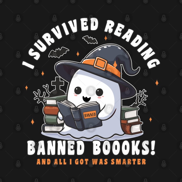 Halloween I Survived Reading Banned Boooks cute reading ghost by FloraLi