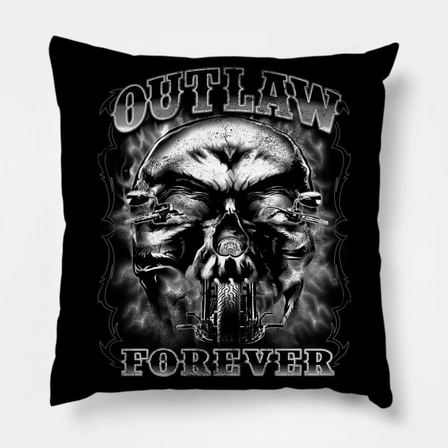 Outlaw Forever Flaming Skull Bike (black and white) Pillow by Cattle and Crow