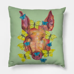 Pink pig head and yellow  blue butterflies Pillow