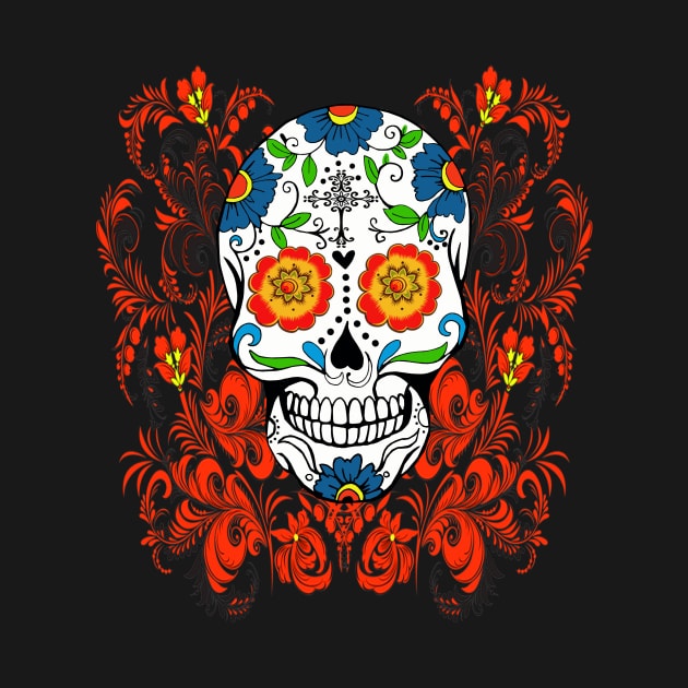 Orange Floral Sugar Skull Day Of The Dead by Atteestude