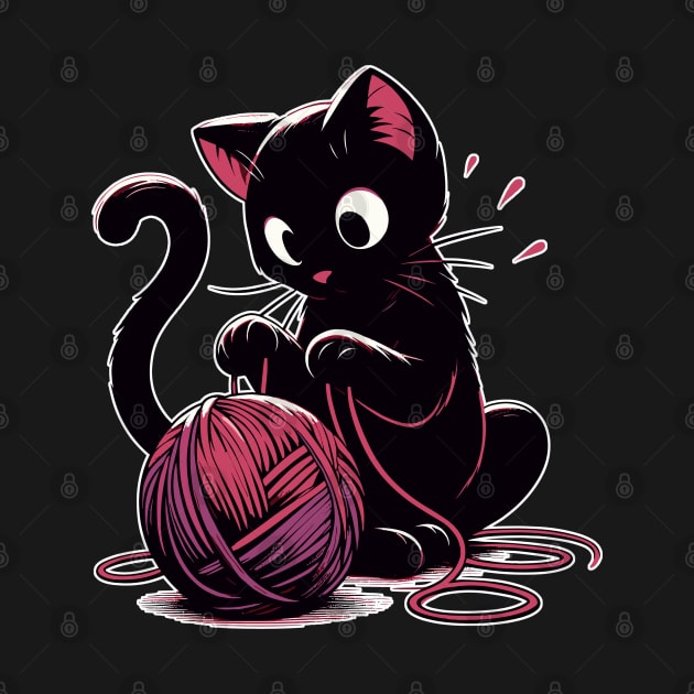 Cat and knitting kawaii cat with yarn ball by TomFrontierArt