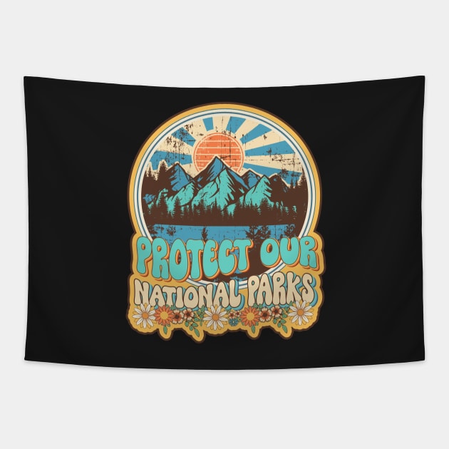 Protect our national parks retro climate call to action groovy hippie Tapestry by HomeCoquette