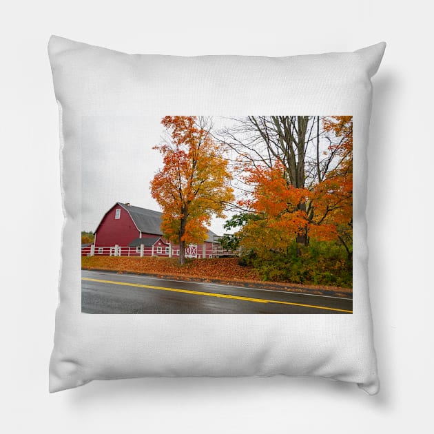 Traditional American style red barn from passing highway in fall with bright foliage in rural USA Pillow by brians101