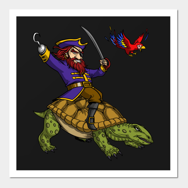 Pirate Riding Turtle Funny Fantasy Sailor Cartoon