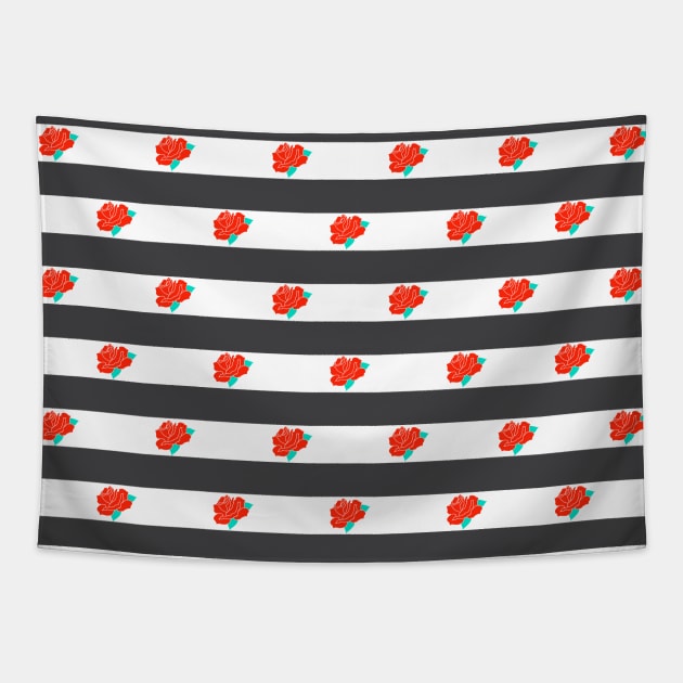 Red Rose Black and White Striped Pattern Tapestry by srojas26