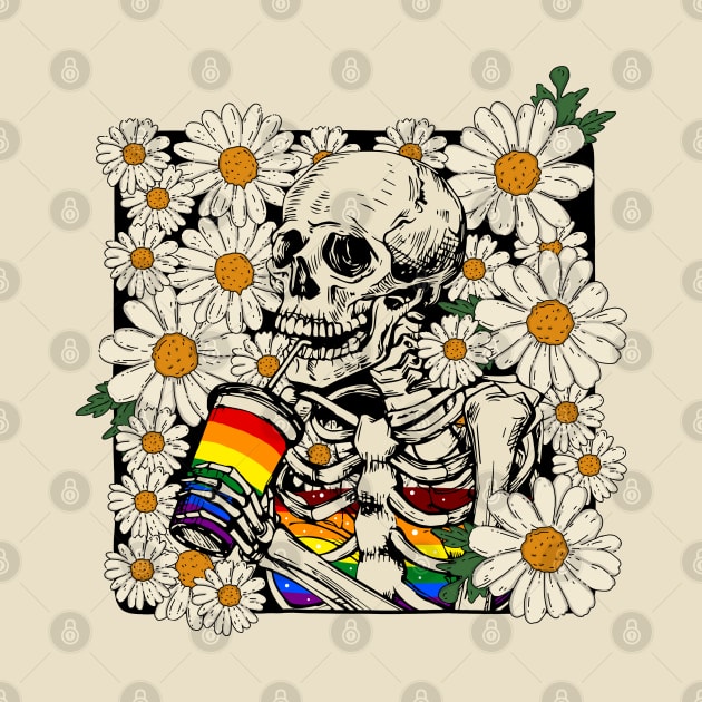 Skeleton Drink LGBTQ+ Coffee In The Daisy Garden by Luna Illustration