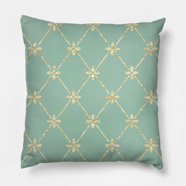 Gold Foil Floral Lattice - Mint Green Pillow by Yirisoft