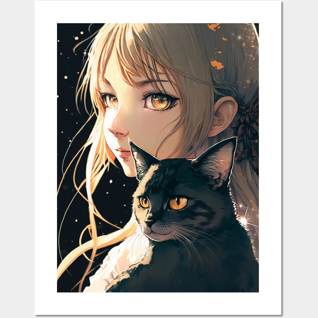 Cute Anime girl with her kawaii cat - Anime Cat Girl - Posters and