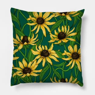 Yellow Rudbekia on dark green Pillow