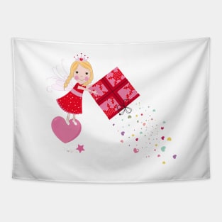 Cute fairy tale holding a gift box with hearts Tapestry