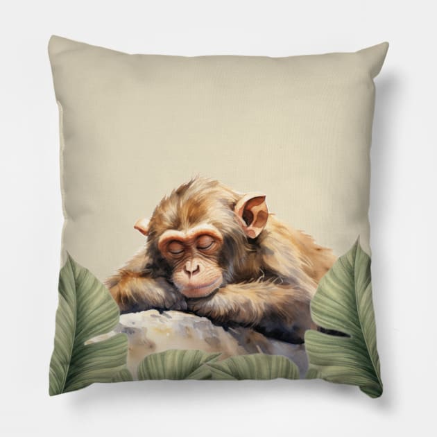 Baby Monkey Sleeping Watercolor Painting Pillow by Alienated