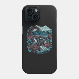 Flying steam train and crashing waves with snakes Phone Case