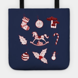 Christmas joyful illustrations of rocking horse, mushrooms, bear, snowman, Christmas stockings, candy cane, holly, gifts on a snow background. Tote