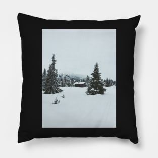 Lonely House in Moody White Scandinavian Winter Landscape Pillow