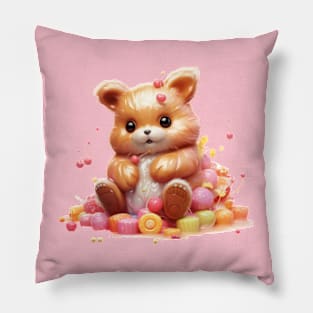 A cute teddy bear on a Pile of Candy Pillow