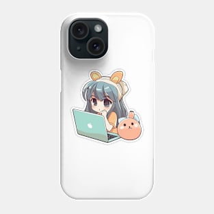 Kawaii Anime girl using laptop Phone Case