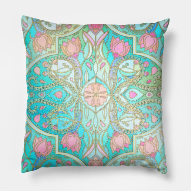 Floral Moroccan in Spring Pastels - Aqua, Pink, Mint & Peach Pillow by micklyn