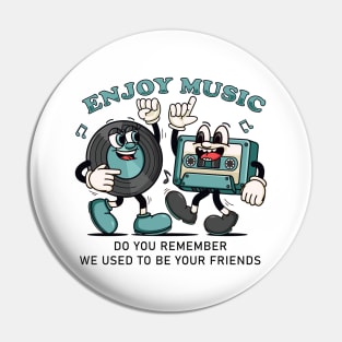 Enjoy the Music. Retro mascots of vinyl records and cassettes that dance to music Pin