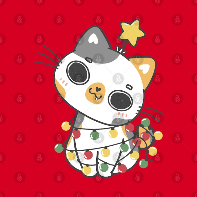 cute kawaii Christmas cat tree cartoon drawing by Janatshie