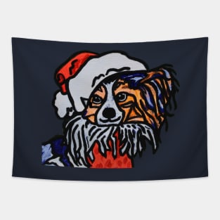 Papillon Dog Santa over Blue Tapestry